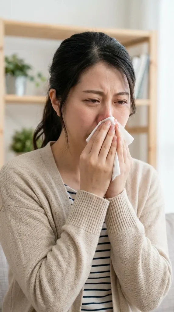 花粉症の症状でくしゃみや鼻水に悩む女性