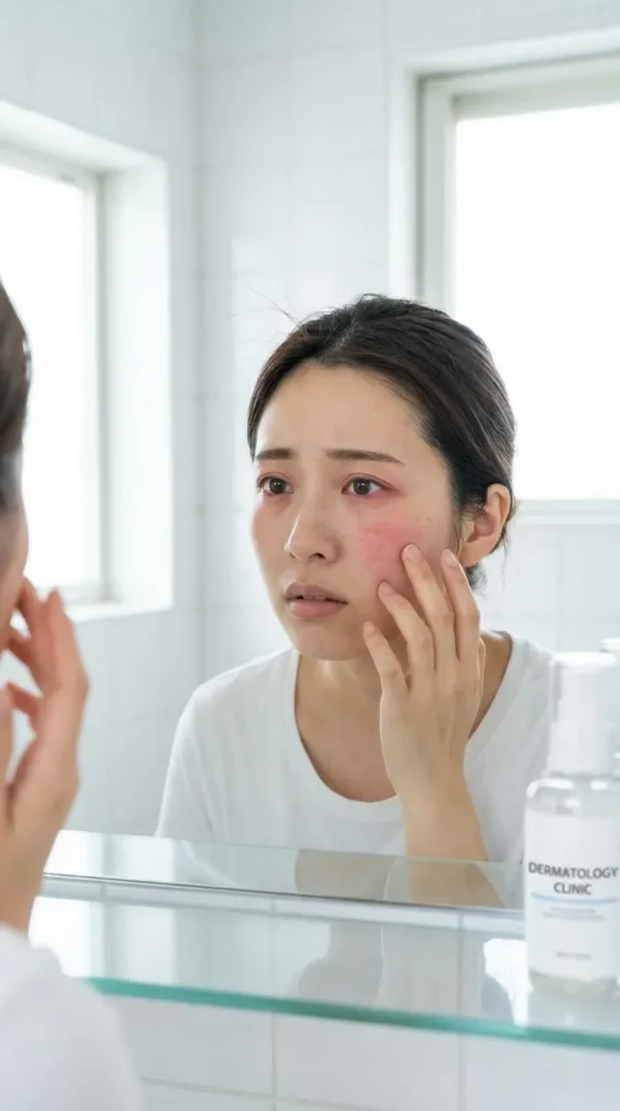 花粉皮膚炎による顔の赤みやかゆみを気にする30代日本人女性
