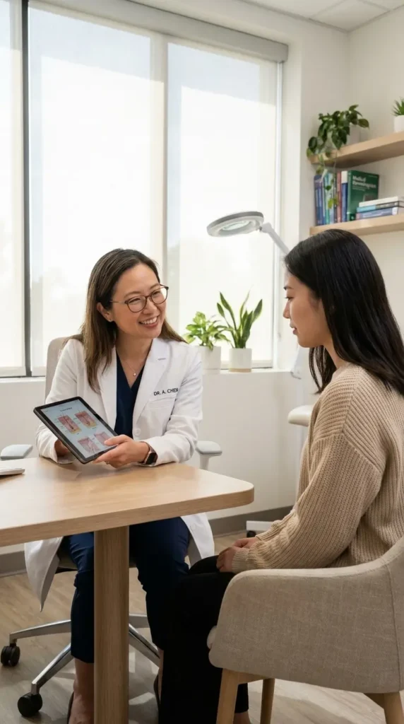新宿駅前うわじま皮膚科で花粉皮膚炎の診察を受ける日本人女性