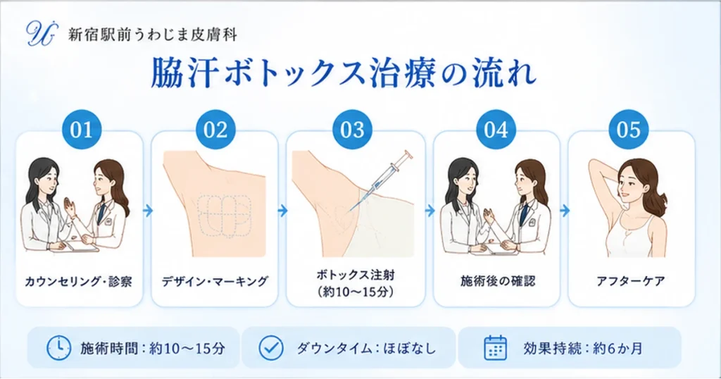 脇汗ボトックス治療の流れと施術時間