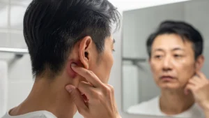 粉瘤とは 首の後ろや耳の後ろのしこりを気にする人物のイメージ