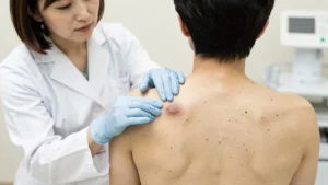 粉瘤の診察 皮膚科で背中のしこりを確認する医師のイメージ