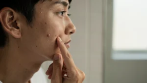 粉瘤とニキビの違い 顔のしこりを確認する人物のイメージ