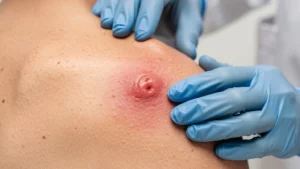 炎症性粉瘤 赤く腫れたしこりを診察する医師のイメージ