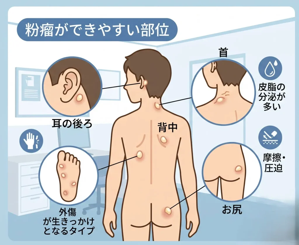 粉瘤ができやすい部位(皮脂の分泌が多い場所、摩擦・圧迫を受けやすい場所)
