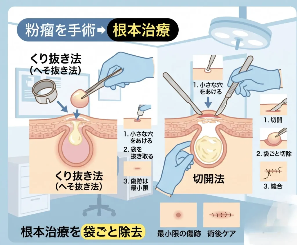 粉瘤の根本治療である手術法の解説図。根治手術方法の「くり抜き法(へそ抜き法)」と「切開法」の違いを図解
