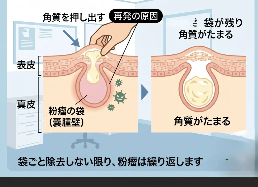 粉瘤を自己処置で潰して中身を出しても、袋が残っていると粉瘤が再発する図解